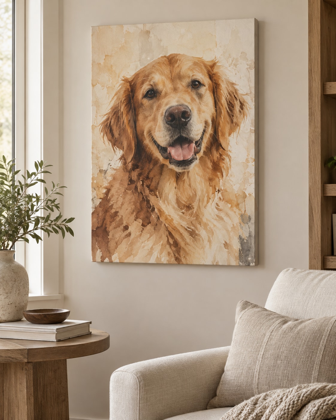 Rustykalny portret golden retrievera na płótnie w domowym wnętrzu