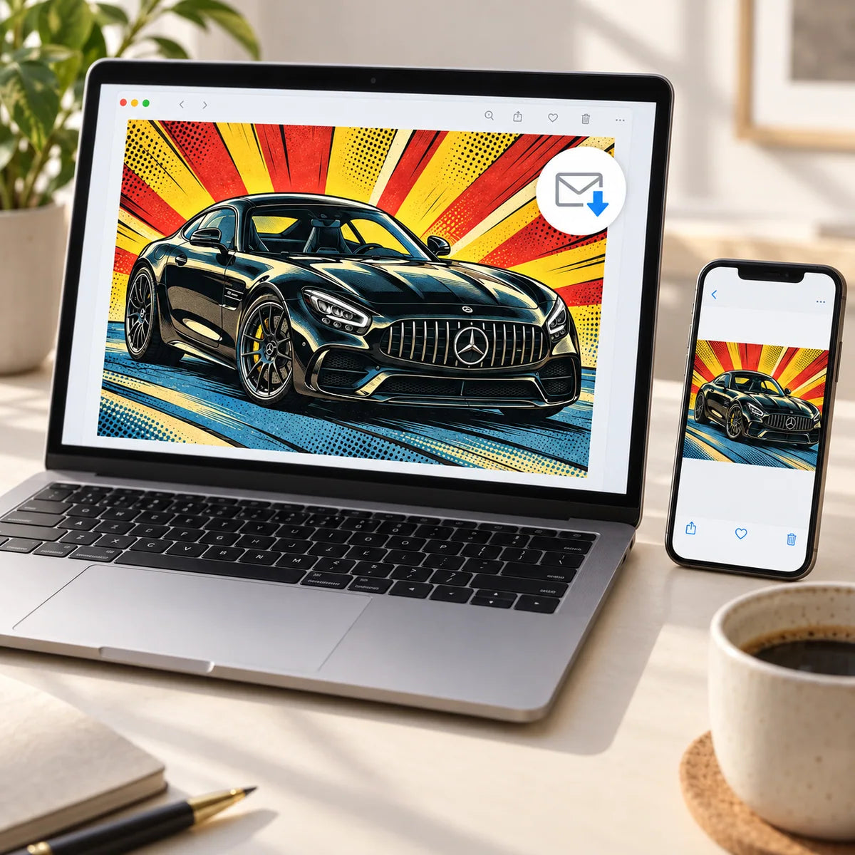 Cyfrowa grafika MyMoment wyświetlona na laptopie i telefonie